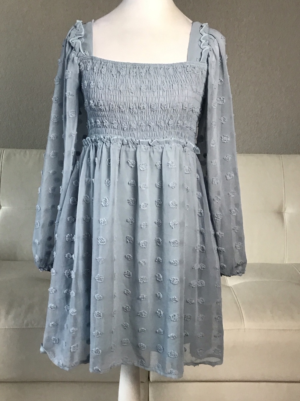 Fuedage Light Blue Swiss Dot Smocked Bodice Long Sleeve Dress